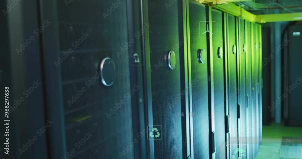 Poster animation of data processing and ecology icons over server room