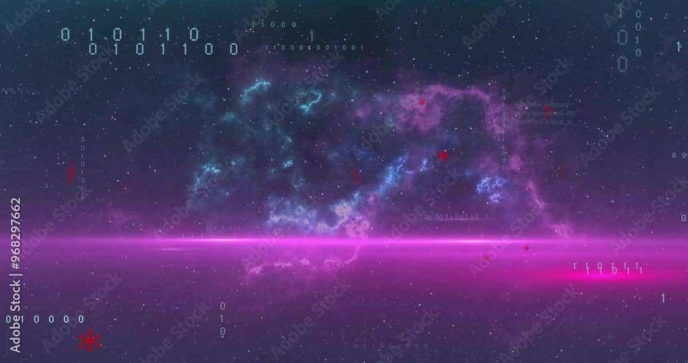 Poster animation of data processing and purple shapes on black background