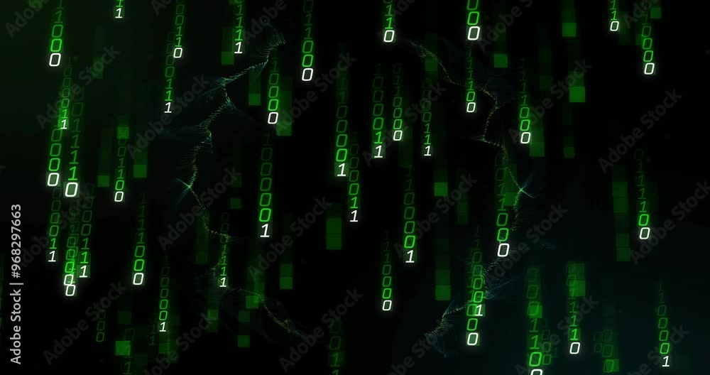 Poster animation of binary coding and shapes on black background