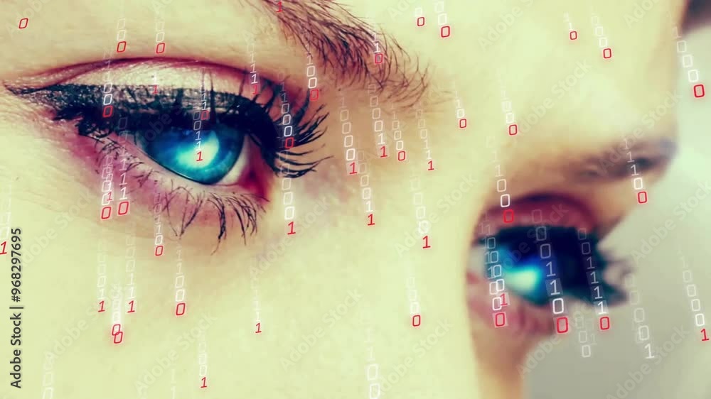 Poster animation of binary coding and digital data processing over woman's face