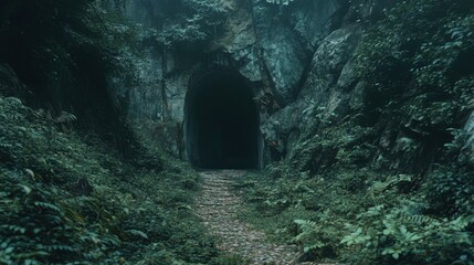 A cave entrance partially hidden by overgrown vegetation, with a path leading into the darkness beyond.