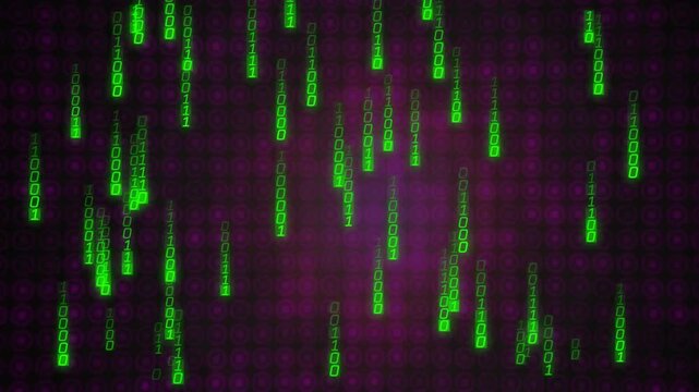 Animation of binary coding over purple shapes