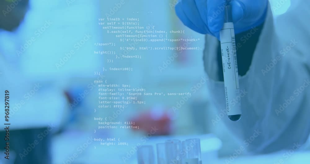 Poster animation of data processing over diverse scientists doing experiments in lab