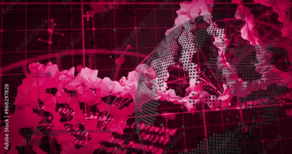 Poster animation of dna strand over globe and data processing on black background