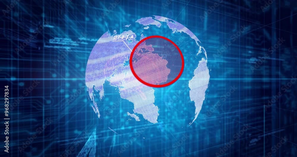 Poster animation of globe with data processing over computer circuit board on black background