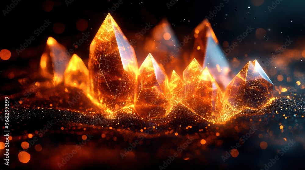 Poster glowing crystals shine brightly against a dark backdrop, creating a mesmerizing display of light and