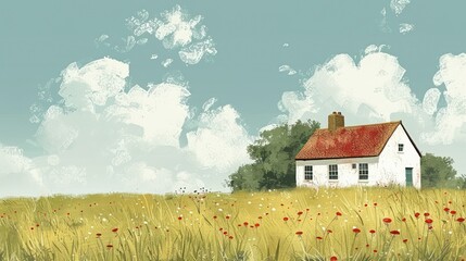A serene landscape featuring a quaint house amidst a field of wildflowers under a cloudy sky.