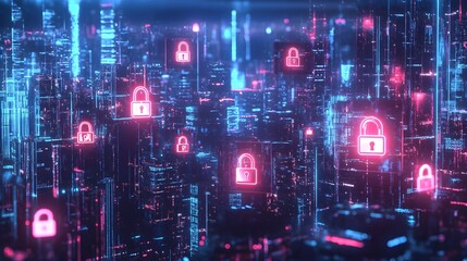 Cityscape in digital format with a standout digital padlock security icon picture