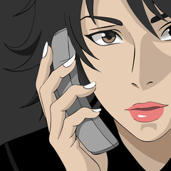 Close-up of a woman talking on the phone, dramatic mood, stylish portraitt