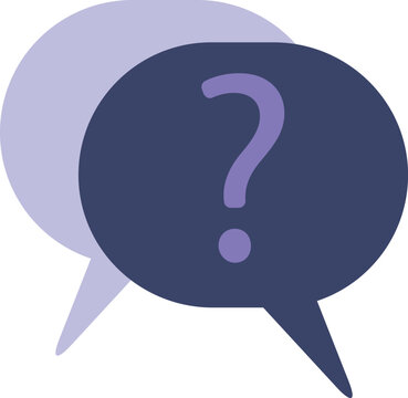 A simple, flat vector illustration of two overlapping speech bubbles with a question mark inside. This image represents questions, inquiries, queries, and seeking information.