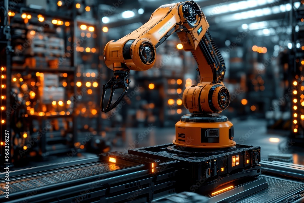 Poster high-tech robotic arm in an advanced industrial setting, showcasing automation and efficiency in a m