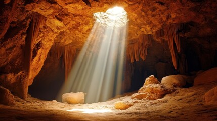 A cave with a natural skylight, allowing a single beam of light to illuminate the chamber below.
