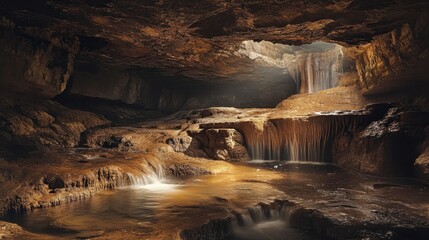 A cave with a series of underground streams, their water sparkling in the dim light.