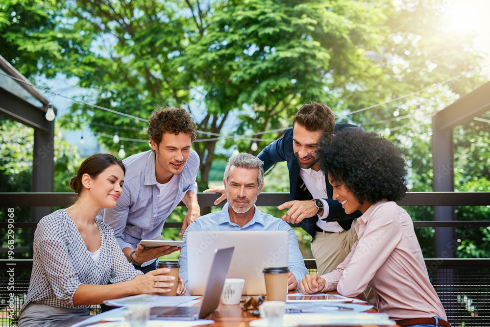 Poster Meeting, teamwork and technology with business people at restaurant for planning outdoor. Coffee, laptop and tablet with man and woman employee group at wooden table for collaboration together