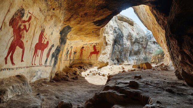 A cave with ancient paintings on the walls, depicting scenes of early human life in vivid colors.
