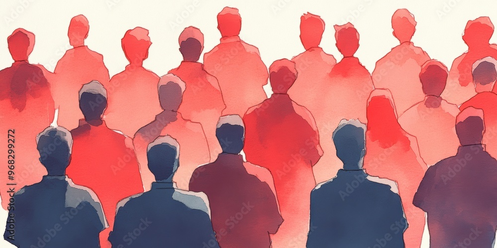 Poster silhouetted figures in shades of red create an abstract representation of a crowd, evoking mystery a