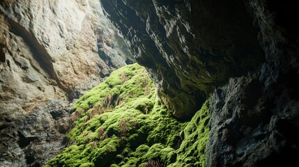 Obraz premium A cave with vibrant moss and lichen growing on the damp walls, adding a touch of green to the rocky interior.