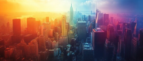 A Vivid Skyline of Skyscrapers in New York City at Sunset