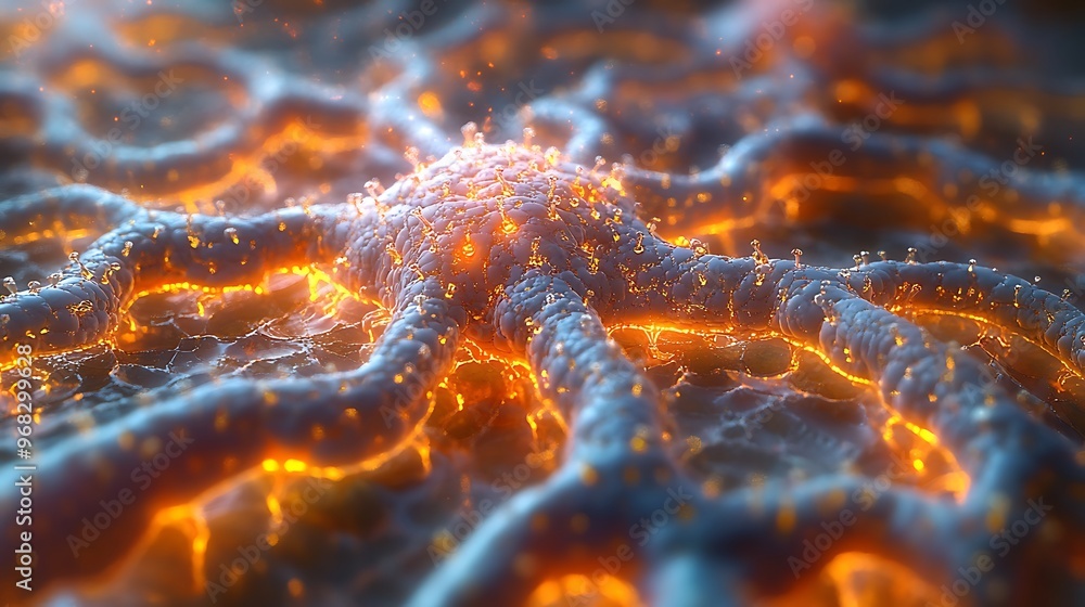 Poster abstract cell structure with glowing nucleus and connecting branches