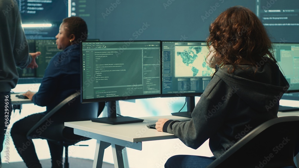 Poster group of governmental hackers using hacking tools to secure a network, focusing on cyber defense and