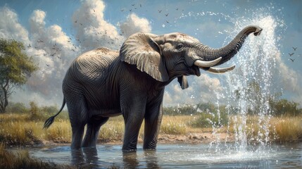 Obraz premium An elephant spraying water with its trunk in a watering hole, surrounded by the African wilderness.