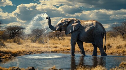 Naklejka premium An elephant spraying water with its trunk in a watering hole, surrounded by the African wilderness.