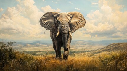 An elephant standing tall against a backdrop of rolling hills and open plains.