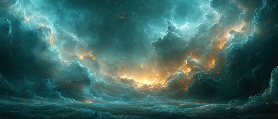 Abstract Cosmic Landscape with Teal and Gold Clouds