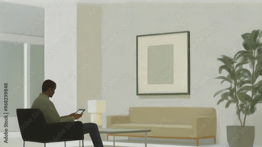 Poster modern finance: man using cutting-edge app in sophisticated minimalist office setting