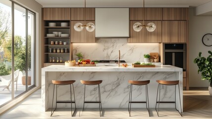 Fototapeta premium Modern kitchen interior design featuring marble countertop, wooden cabinets, and stylish bar stools, illuminated by natural light