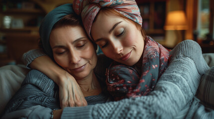Mother and daughter sharing a tender moment at home hugging on couch. Mother with terminal cancer being supported by teenage daughter. Cancer survivor and treatment at home. Chemotherapy hair loss.