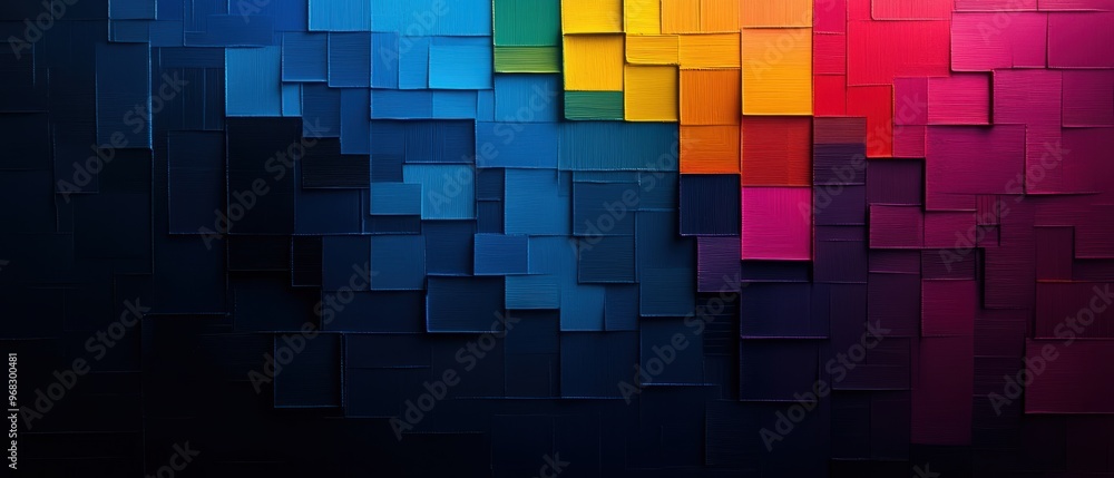 Poster vibrant abstract background featuring colorful squares in various shades against a dark backdrop, pe