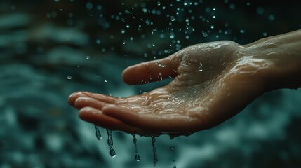 Fototapeta premium A close-up of a hand catching raindrops, with water dripping from the fingertips.