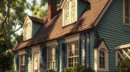 A close-up of a house's architectural details, such as window frames, shutters, and rooflines.