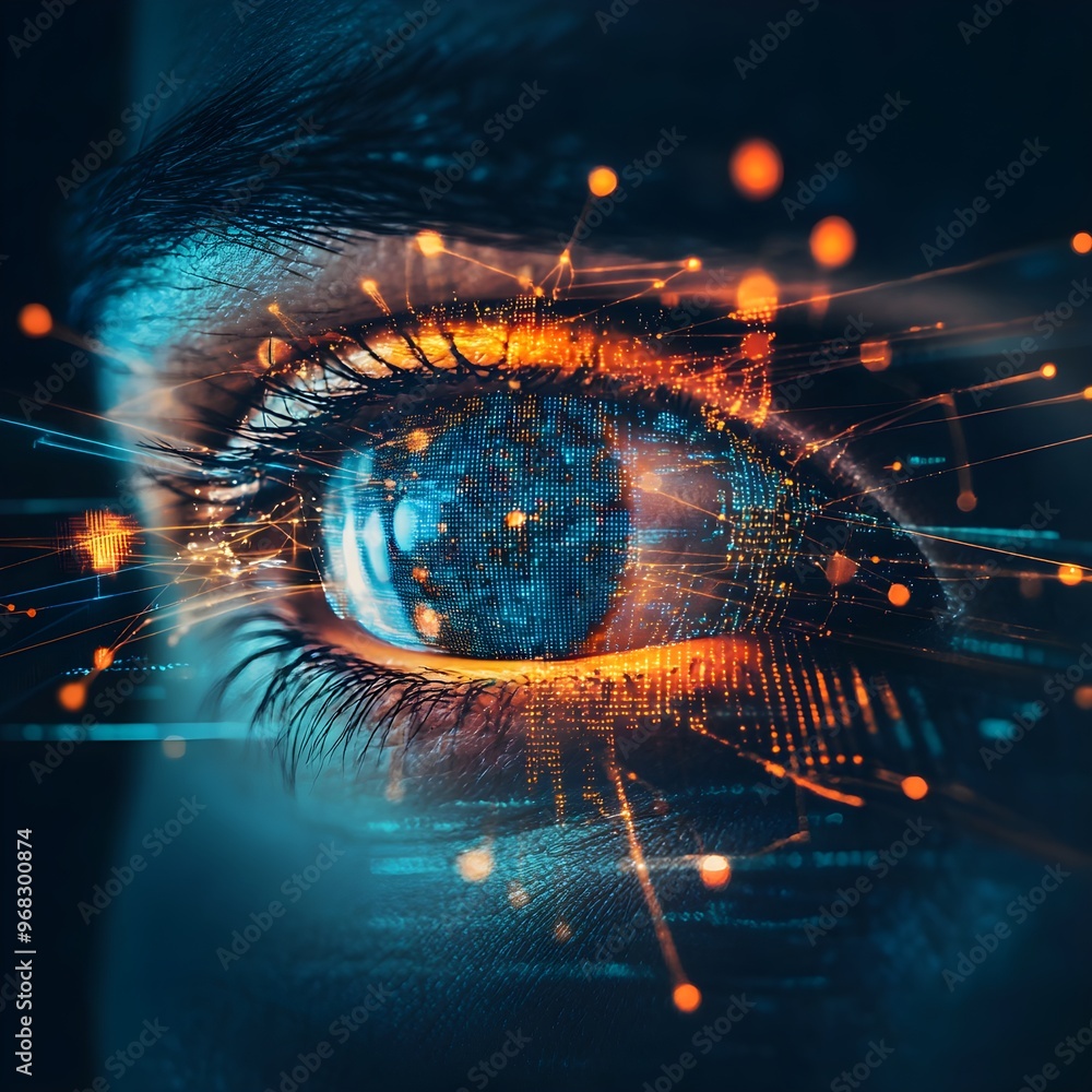Poster eye with digital data points and information silos overlaid visually image