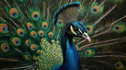 Obraz premium A close-up of a peacock displaying its vibrant tail feathers in full fan.