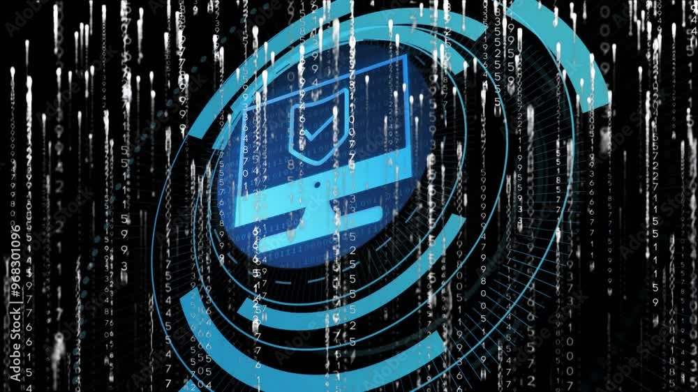 Poster animation of data processing and computer icon on black background