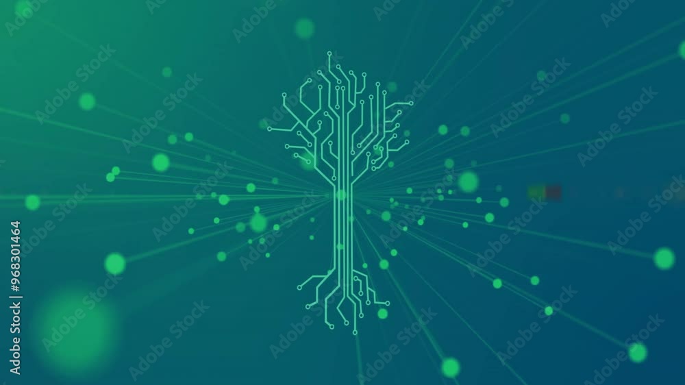 Poster animation of network of connections with tree over blue background