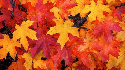 Fototapeta premium A close-up of a tree leaves in autumn, with rich hues of red, orange, and yellow.