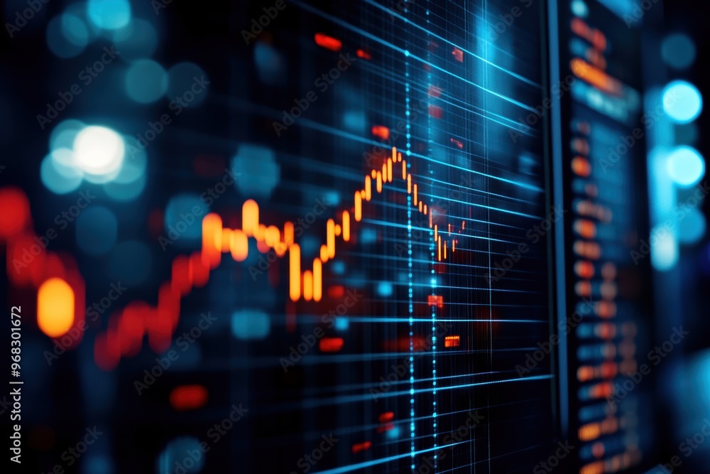 Poster vibrant stock market graph showcasing dynamic fluctuations in data with glowing lines and futuristic
