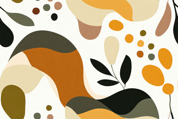 Fototapeta premium Seamless wallpaper of a 1970s pattern with abstract, wavy lines and dots in earthy tones of beige, olive, and rust