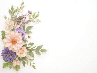 A beautiful arrangement of pastel flowers and green leaves on a clean white background, perfect for minimalistic designs.
