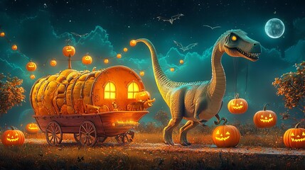Fototapeta premium Halloween Dinosaurs dinosaur parade, spooky Halloween float with pumpkins, eerie night sky, 3D illustration