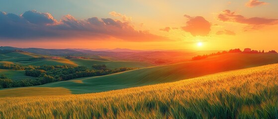 Fototapeta premium Sunset Over Rolling Hills and Golden Wheat Field