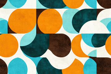 Seamless wallpaper of a 1970s-inspired geometric pattern featuring diamond shapes and concentric circles in muted shades of teal, burnt orange, and brown