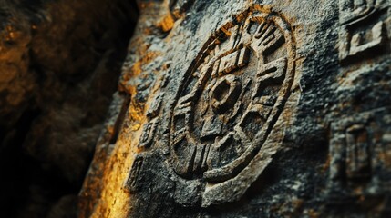 A close-up of ancient hieroglyphs carved into the walls of a cave, hinting at a long-lost civilization.