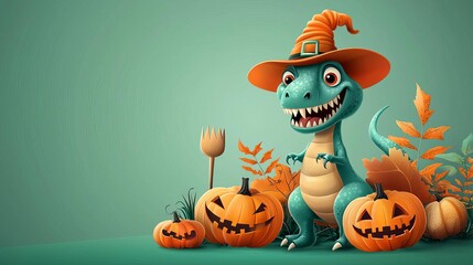 Fototapeta premium Halloween Dinosaurs T-rex smashing pumpkins, spooky Halloween fun, flat design illustration