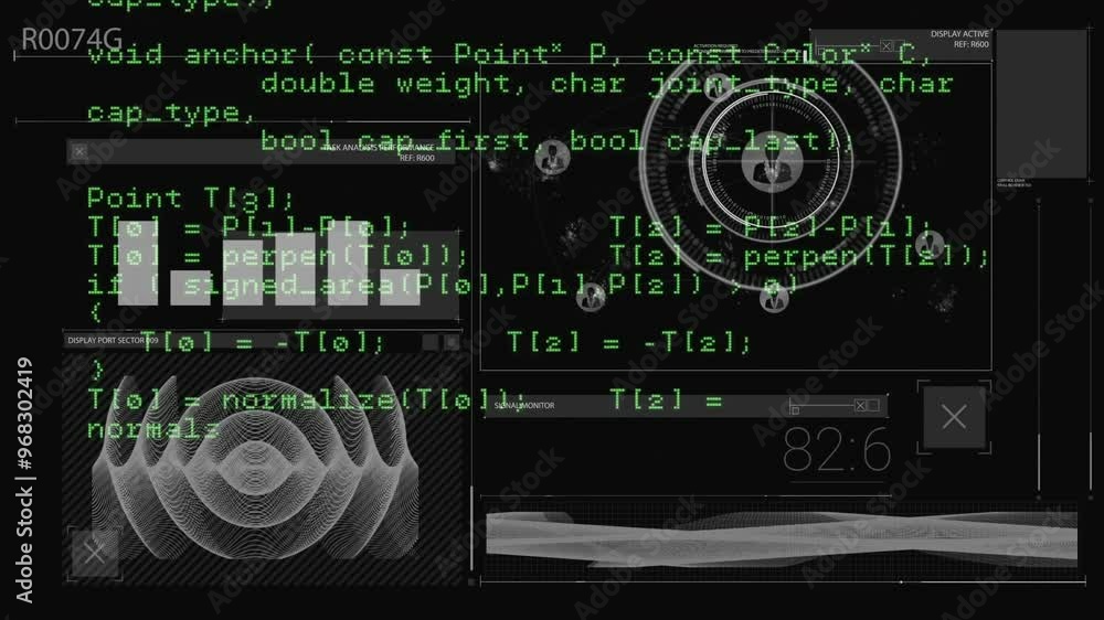 Poster animation of data processing and diagrams on black background