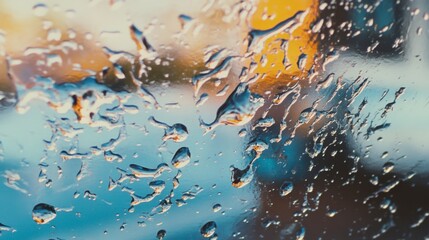A close-up of raindrops splashing on a windowpane, with streaks of water running down the glass.