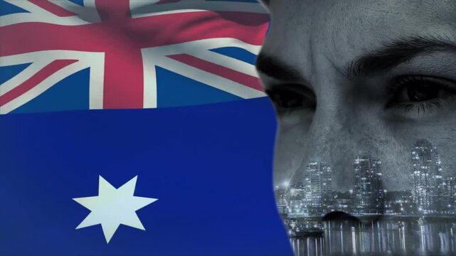 Animation of face and cityscape over flag of australia - Powered by Adobe